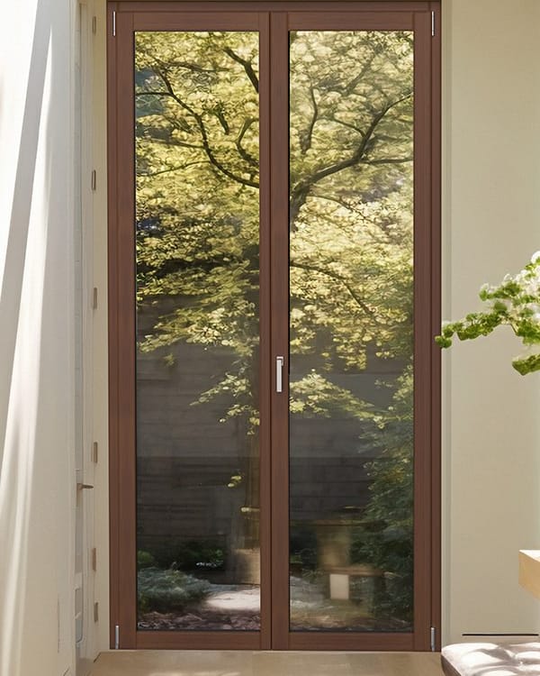 Porta finestra in legno e alluminio con vista sugli alberi