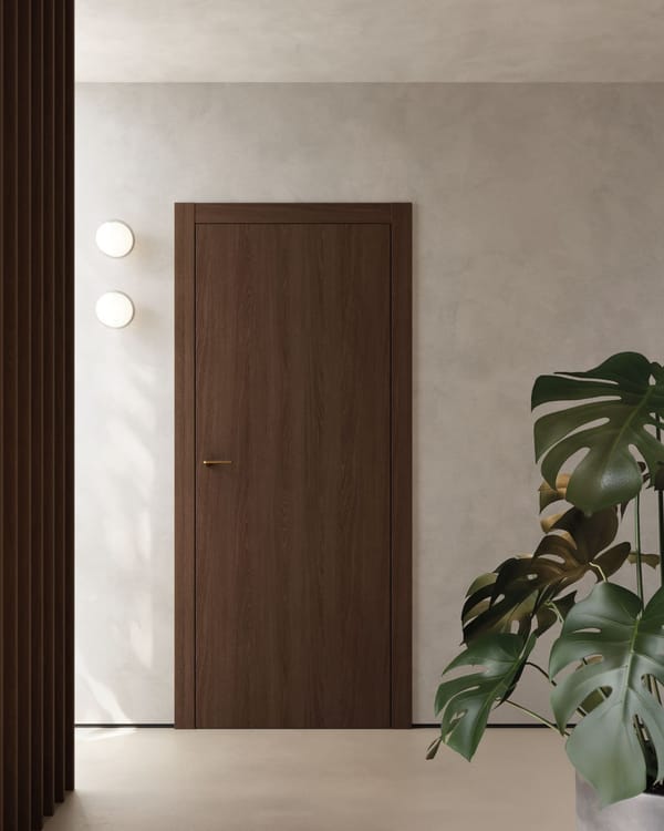 Porta da interno in legno scuro in un soggiorno moderno