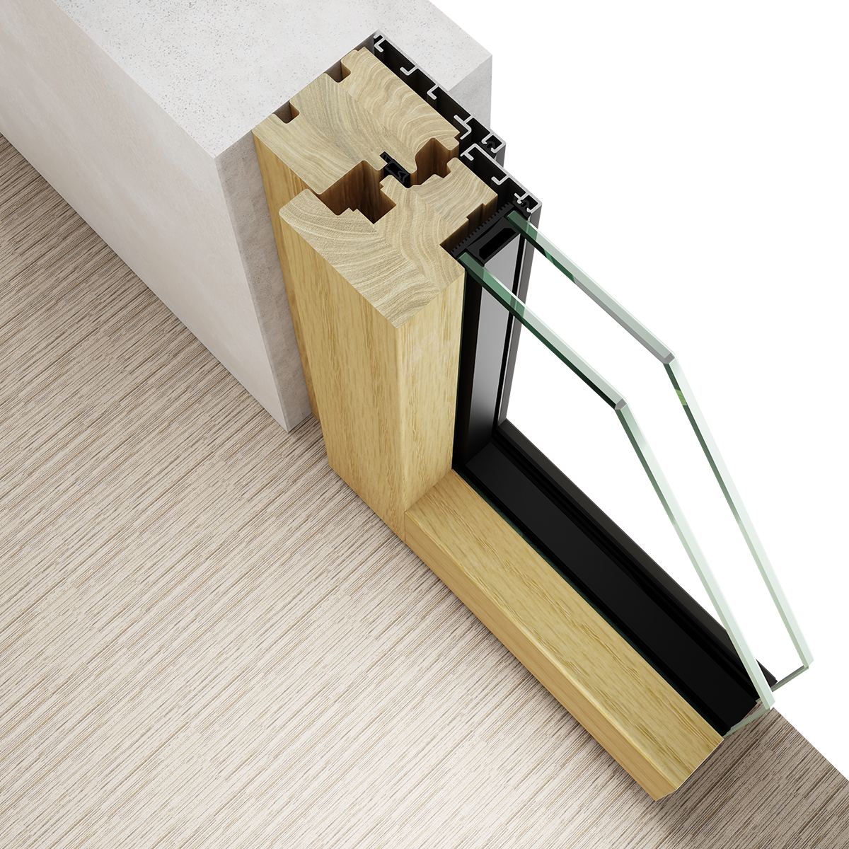 Dettaglio dell'angolo di un infisso legno/alluminio: legno all'interno e profilo in alluminio all'esterno