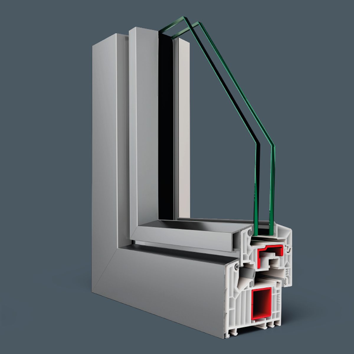 Dettaglio dell'angolo di un infisso PVC/alluminio Cosmet con anima in PVC e carter esterno in alluminio