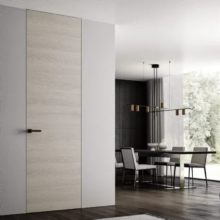 Porta filomuro in rovere sbiancato in un soggiorno contemporaneo