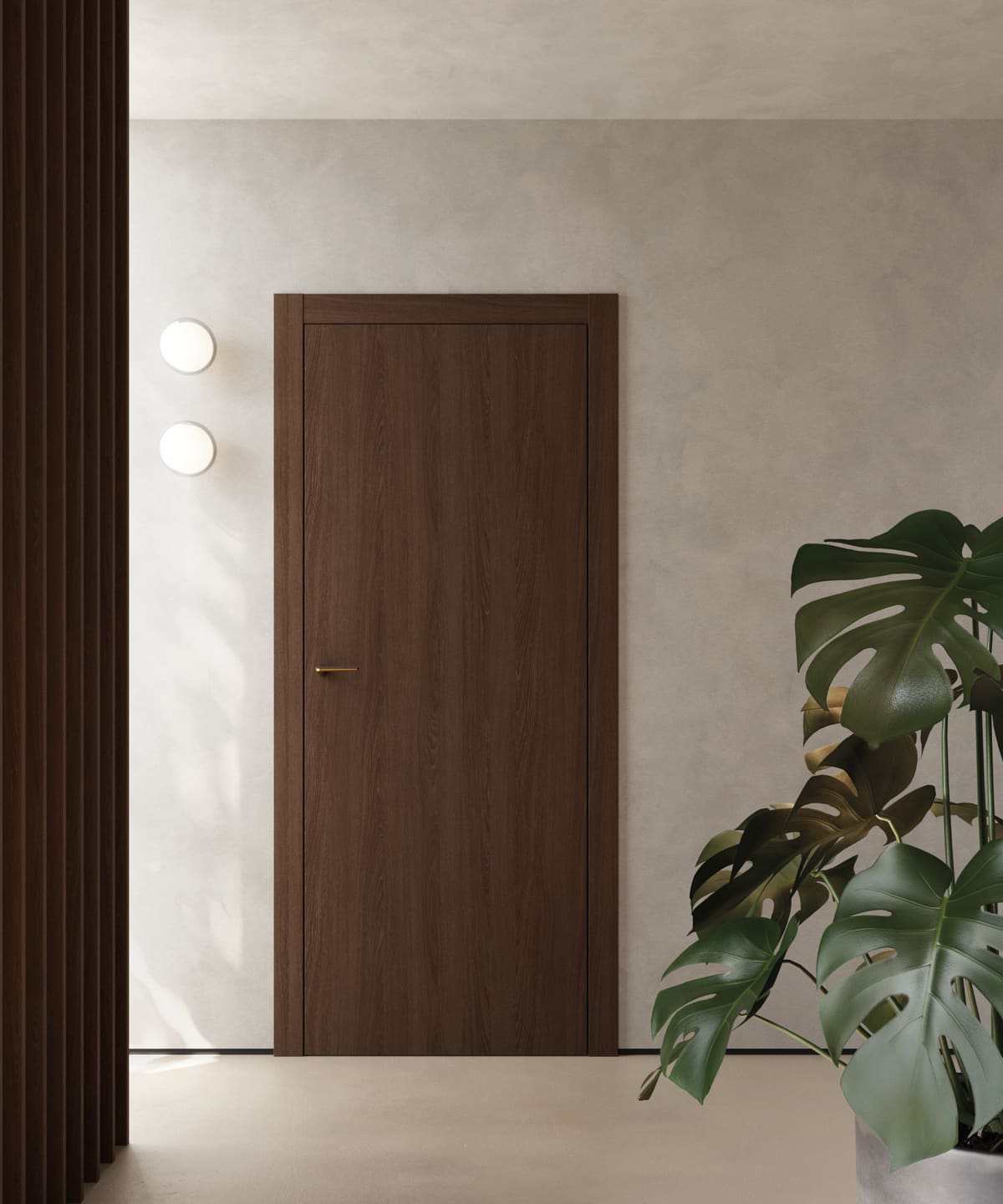 Porta da interno battente in legno scuro con maniglia in ottone in un ambiente moderno