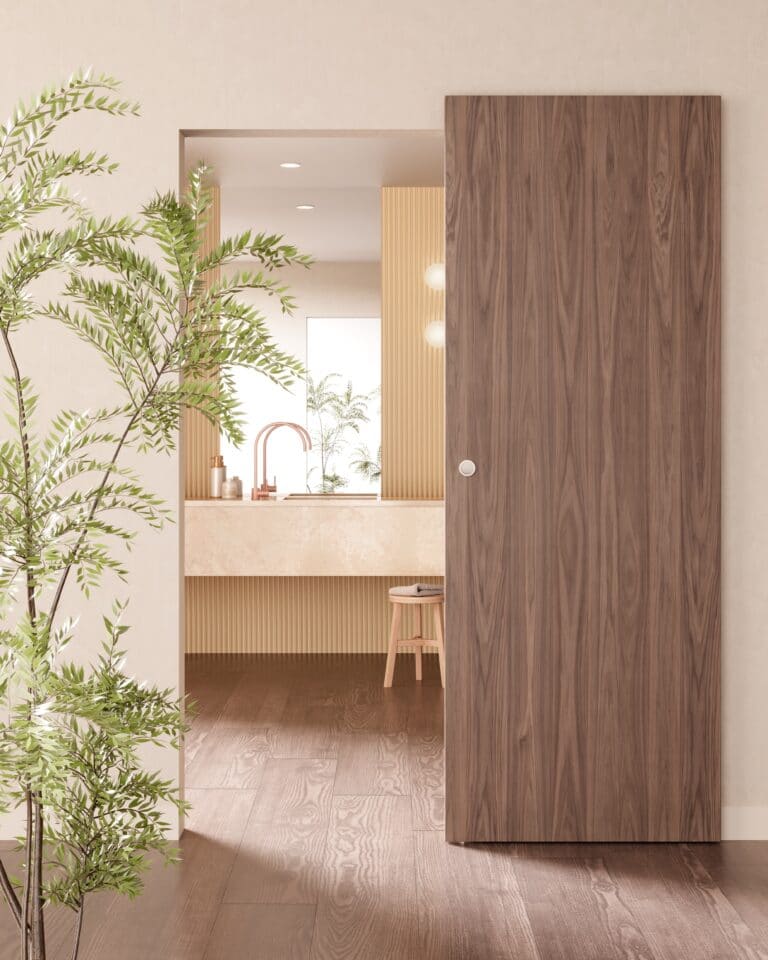 Porta scorrevole in legno noce con venatura naturale in un bagno contemporaneo